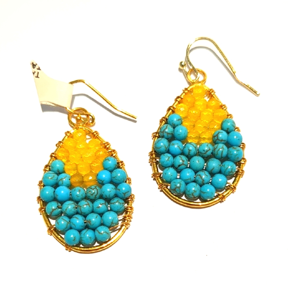 🟣Nakamol Gold and Turquoise Bead & Wire Teardrop Earrings nwt